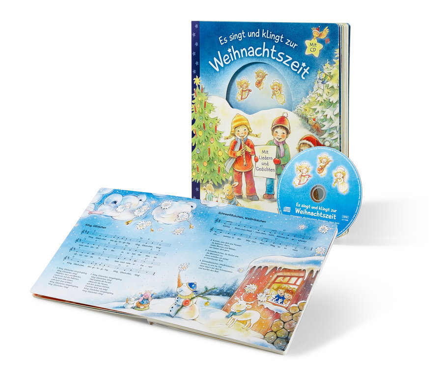 Ein offenes Buch und eine CD mit dem Titel "Es singt und klingt zur Weihnachtszeit".