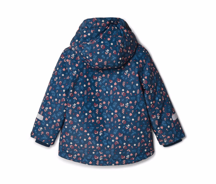 Rückansicht einer dunkelblauen, blumengemusterten Jacke mit Kapuze.