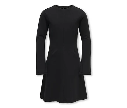 Schwarzes Kleid mit langen Ärmeln, Rundhalsausschnitt und leicht ausgestelltem Saum.