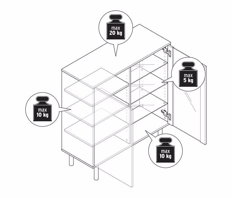 Strichzeichnung einer Vitrine in Travertinoptik mit offenen Türen. Die maximale Belastung beträgt 20 kg für die Oberseite, 10 kg für die Einlegeböden und 5 kg für die Tür.