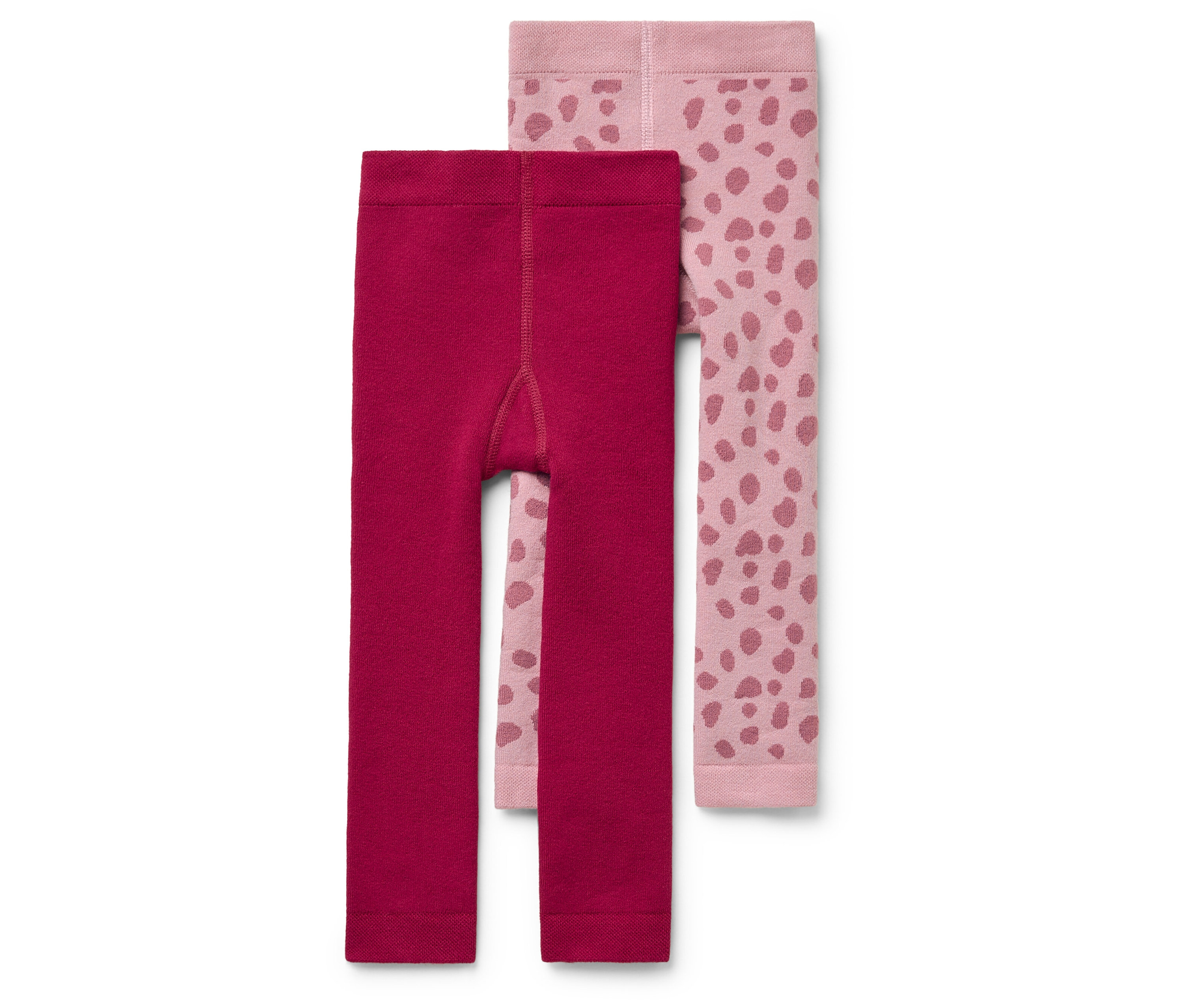 Zwei Kinderstrumpfhosen: eine bordeauxrot, die andere hellrosa mit dunkelrosa Tiermuster.
