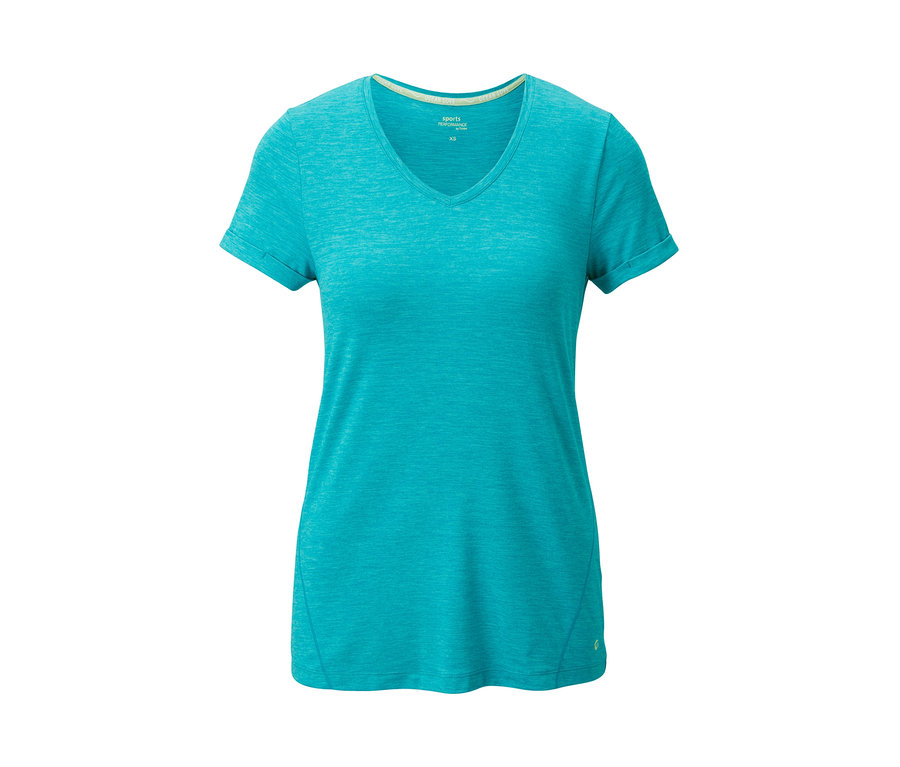 Türkises Sportshirt mit V-Ausschnitt.