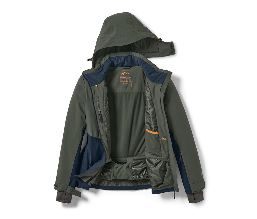 Offene Skijacke in Khaki mit Kapuze.