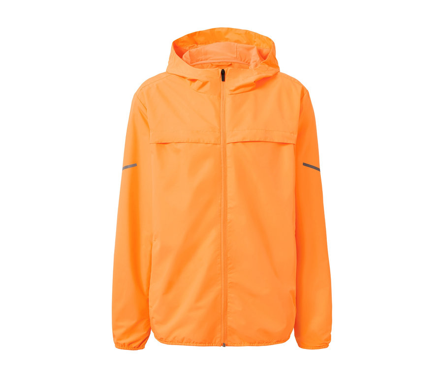 Neonorange Windprotection-Jacke mit Kapuze und Reflektoren an den Ärmeln.