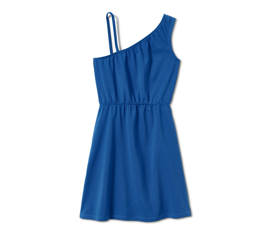 Blaues Jerseykleid mit einem Träger.