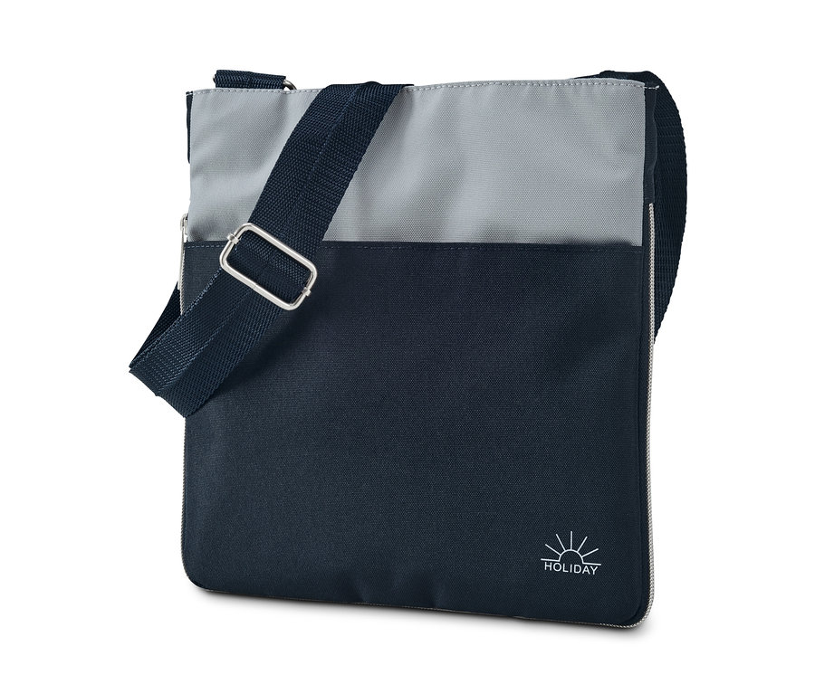 Eine blau-graue Sicherheits-Umhängetasche.