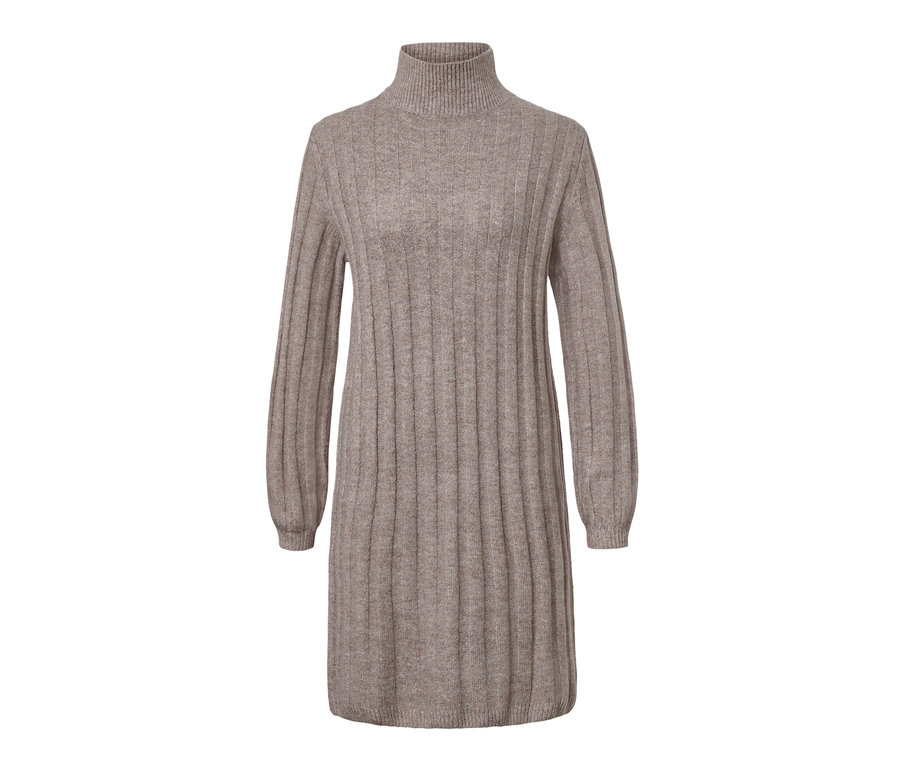Geripptes Strickkleid mit Stehkragen.