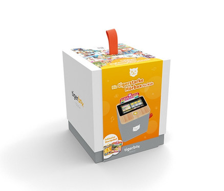 Graues exklusives »tigerbox TOUCH« Paket vor weißem Hintergrund.