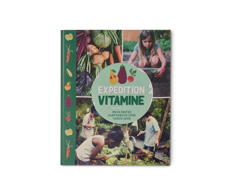 Buch "Expedition Vitamine" mit Bildern von Kindern im Garten.