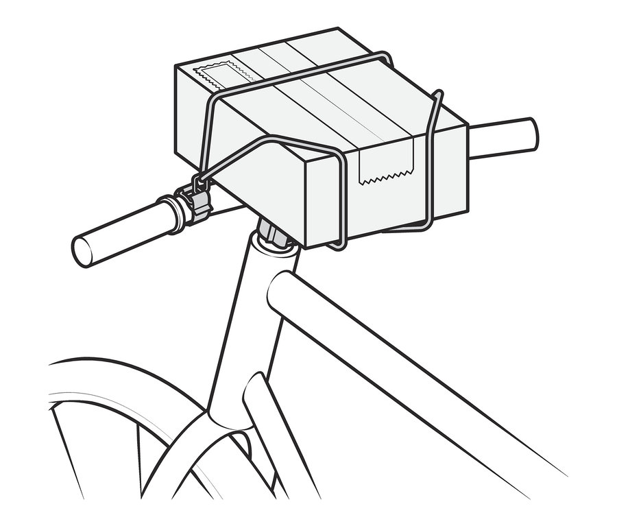 Paket mit Lenkerspannband am Lenker befestigt.