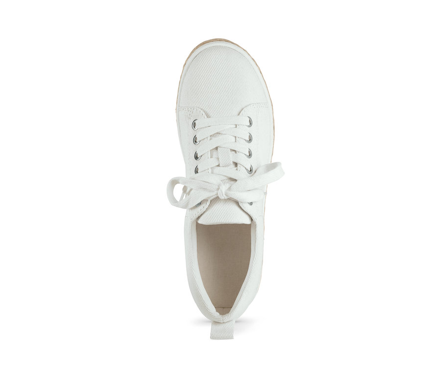 Nahaufnahme eines einzelnen weißen Canvas-Sneakers von oben.