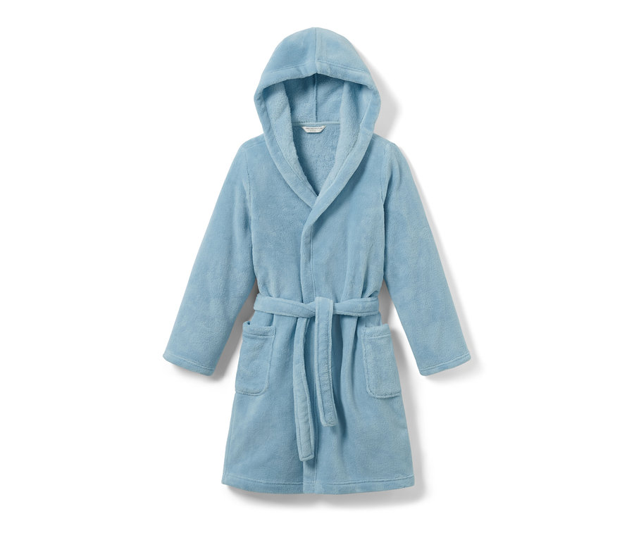 Ein hellblauer Kinder-Bademantel mit Kapuze und Gürtel.