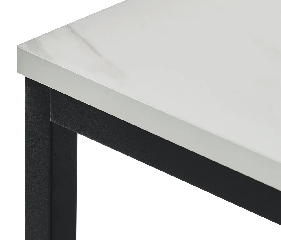 Detailansicht einer Konsole in Marmoroptik mit schwarzen Beinen.