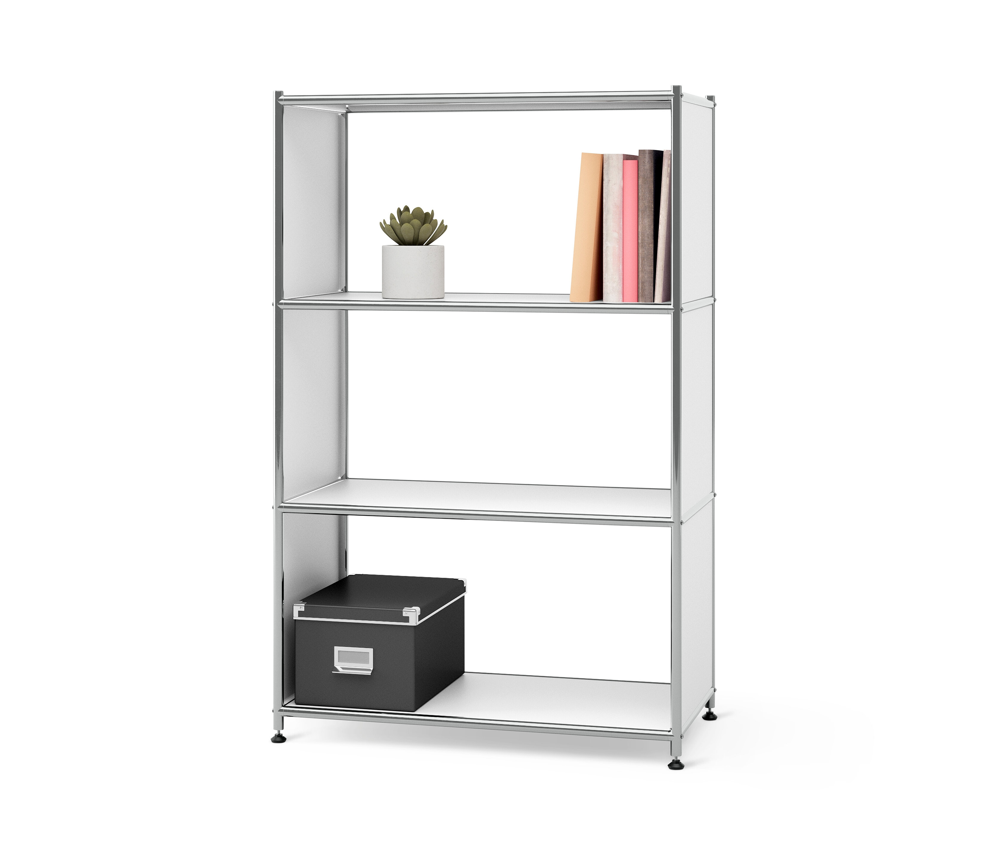 Ein Regal Metall »CN3« mit 3 Fächern. Im obersten Fach befinden sich eine Pflanze und Bücher, im untersten Fach eine schwarze Kiste.