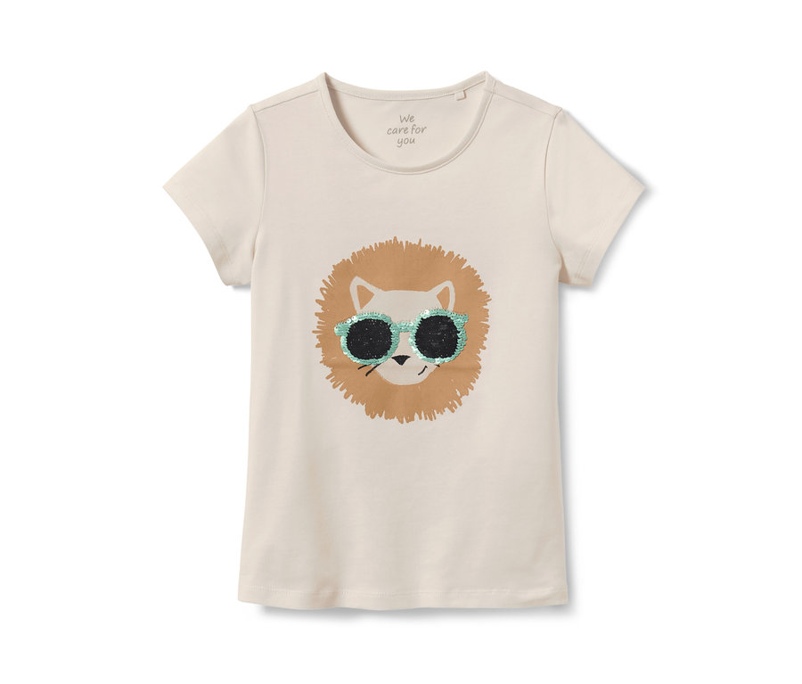 Ein Kinder-T-Shirt mit Wendepailletten zeigt ein Löwenmotiv mit Brille.