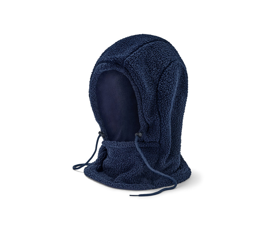Eine marineblaue Teddy-Kapuze mit Stehkragen.