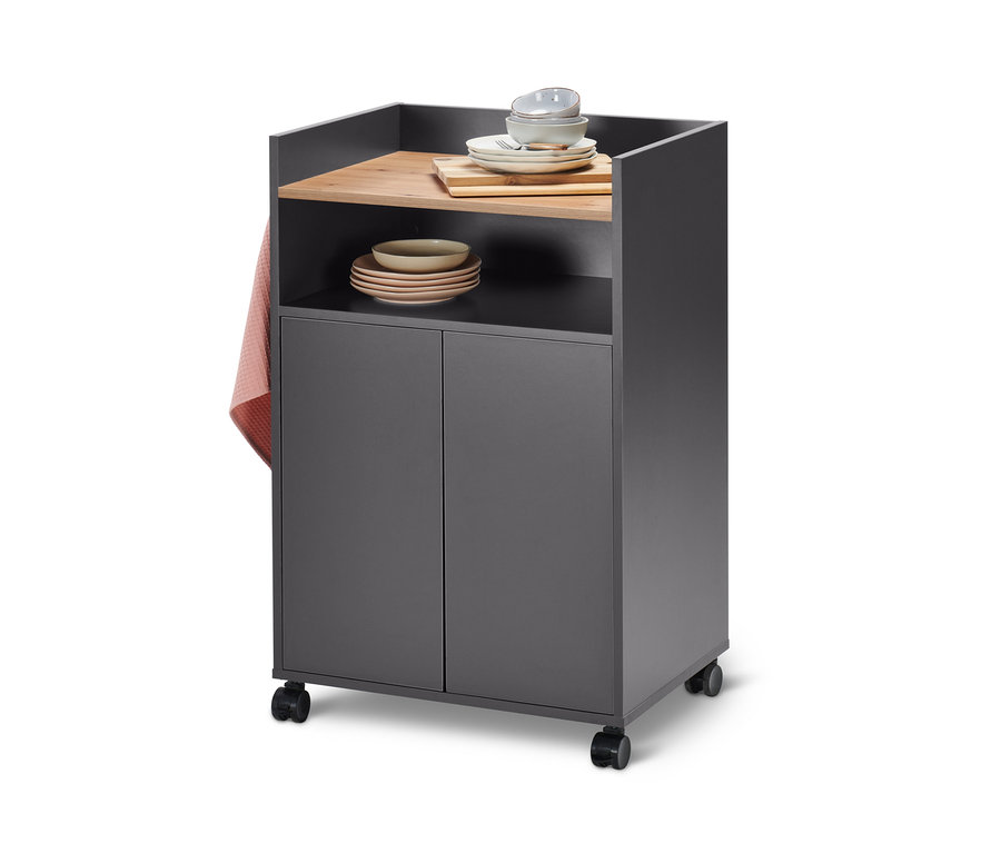 Grauer Küchen-Arbeitswagen mit zwei Ablagen und Schrank.
