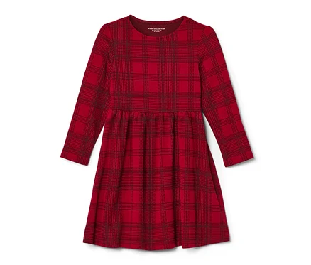 Ein rotes Kinder-Jersey-Kleid mit Karomuster und langen Ärmeln.