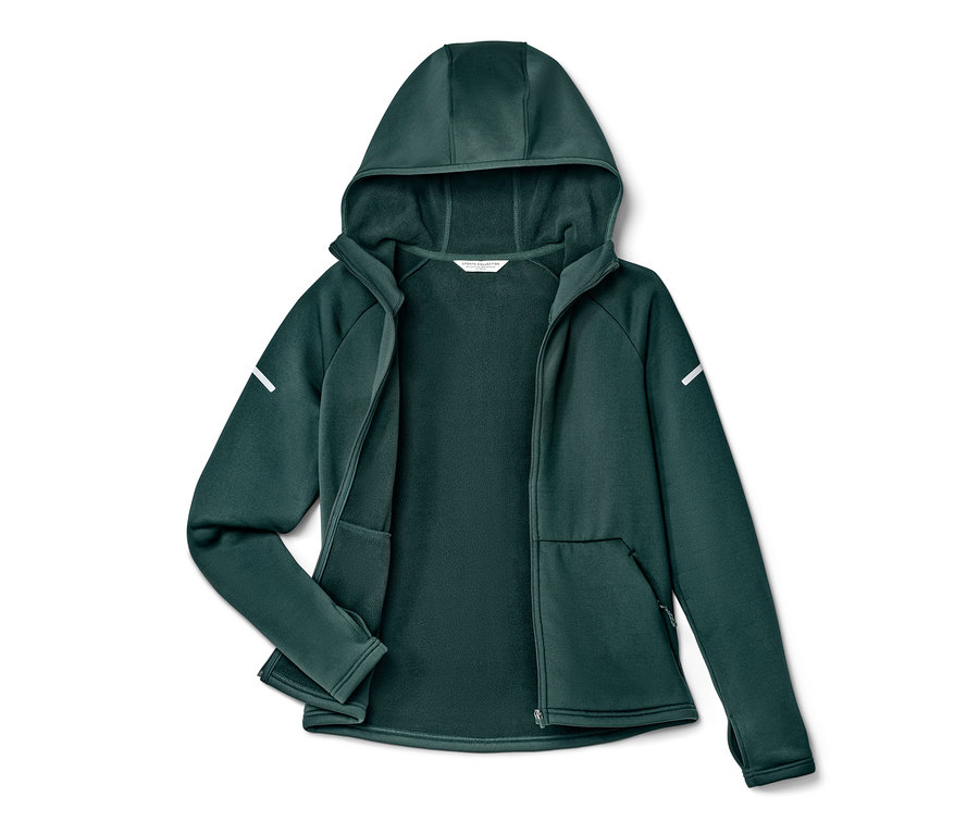 Dunkelgrüne, offene Thermojacke mit Kapuze liegt.