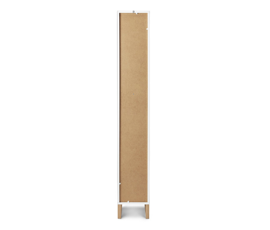 Schmaler Bad-Hochschrank mit offenem Fach, Schublade und Tür.