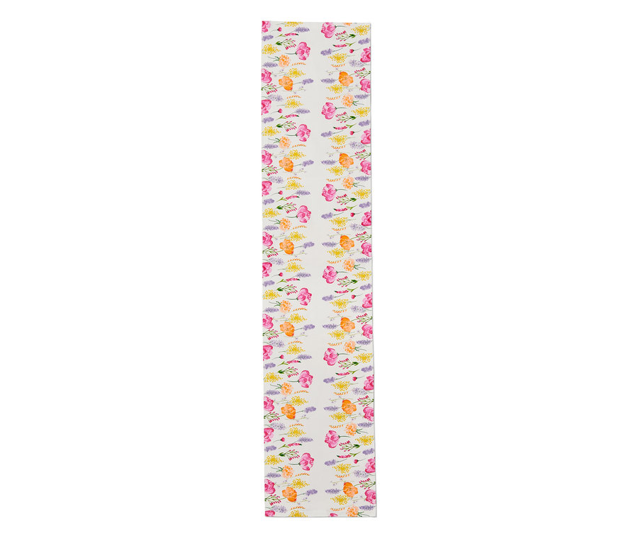 Weißer Tischläufer mit floralem Print.