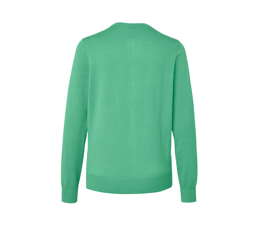 Rückansicht eines grünen Feinstrick-Cardigans.