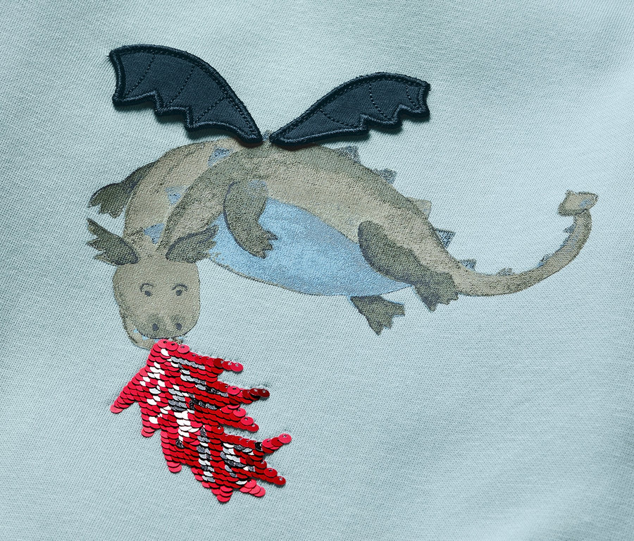 Hellesblaues Kinder-Sweatshirt mit angerauter Innenseite und Drachen-Motiv.