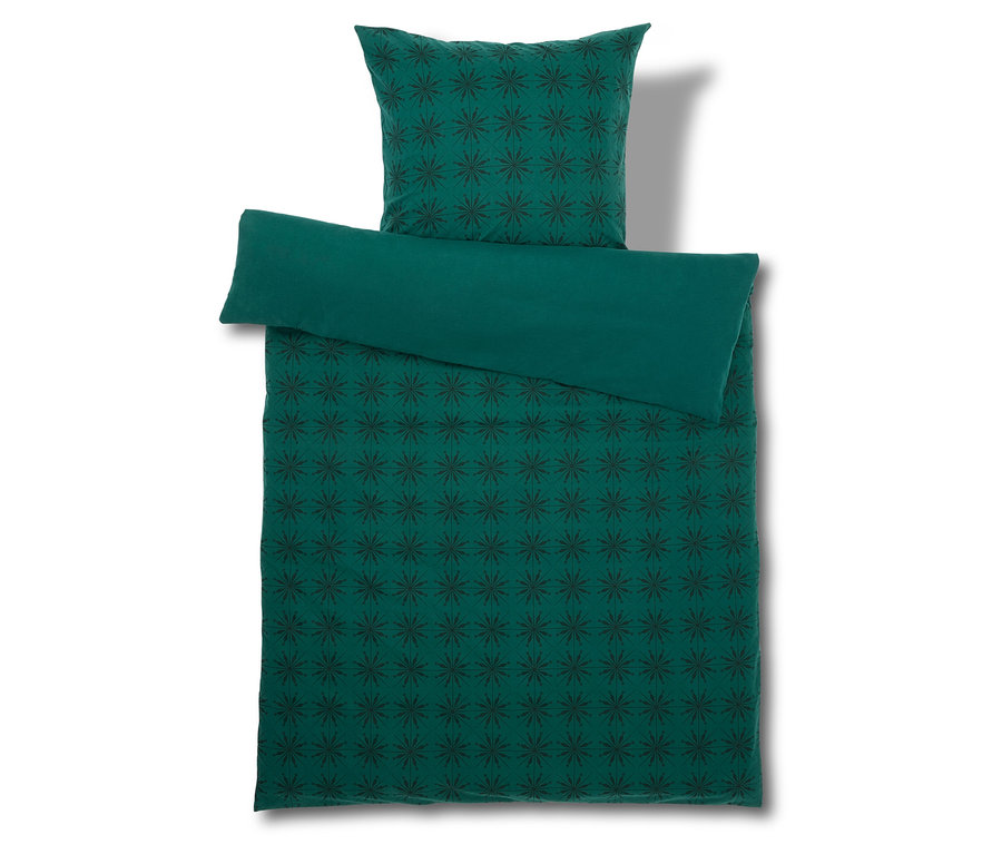 Draufsicht eines Biber-Bettwäsche-Sets in Übergröße, Normalgröße und Doppelgröße in Grün mit Muster.