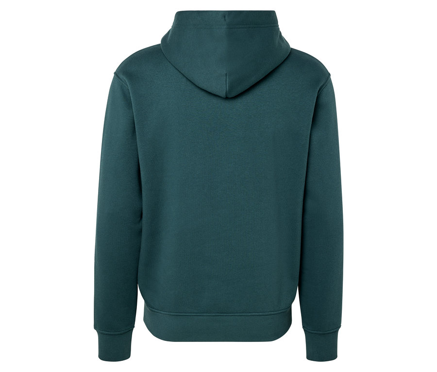 Rückansicht eines grünen Kapuzenpullovers.