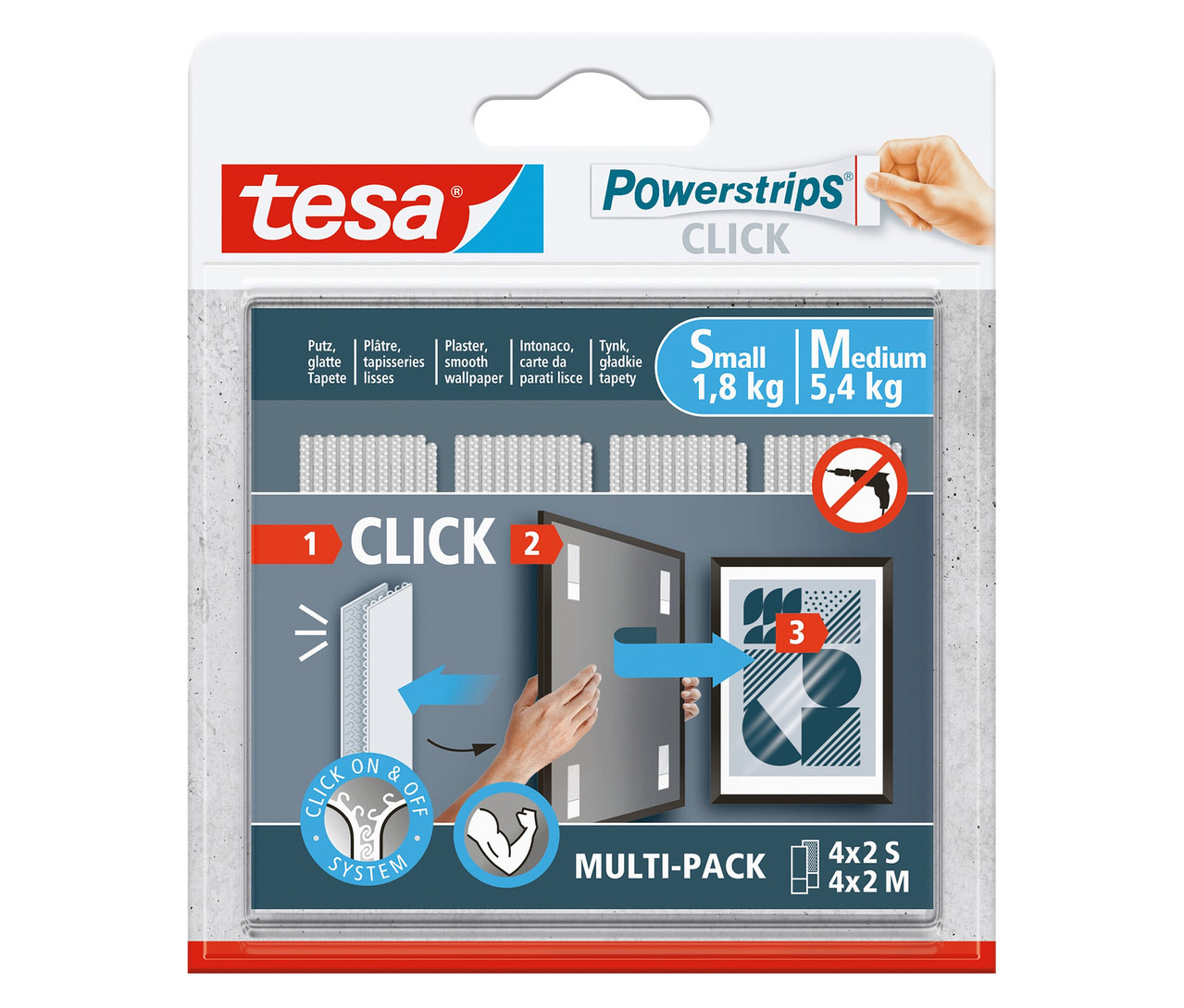 Packung Tesa Powerstrips Click mit Anwendungsbeispielen.