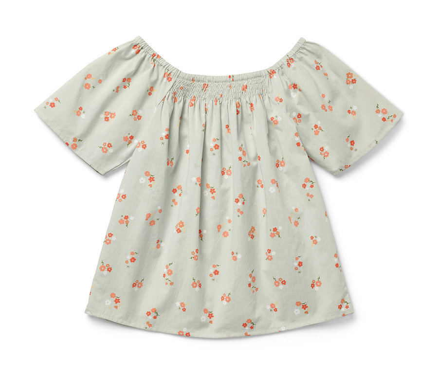 Hellgrüne Kinder-Bluse mit kurzen Ärmeln und Blumenmuster.