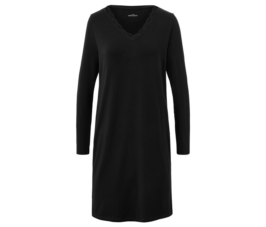 Schwarzes Nachthemd mit langen Ärmeln und Spitze am V-Ausschnitt.