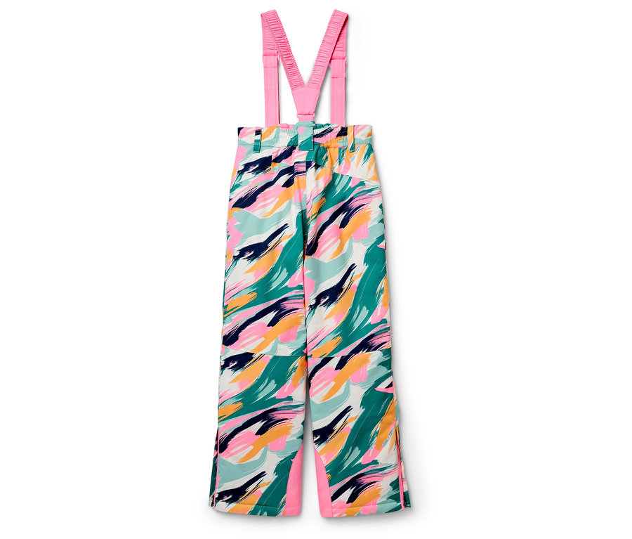 Skihose mit Latz in einem bunten Muster mit pinkfarbenen Details.