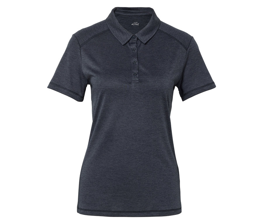 Nahaufnahme eines marineblauen Funktions-Poloshirts.