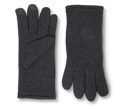 Zwei graue Handschuhe mit Touchscreen-kompatiblen Fingerspitzen liegen nebeneinander.