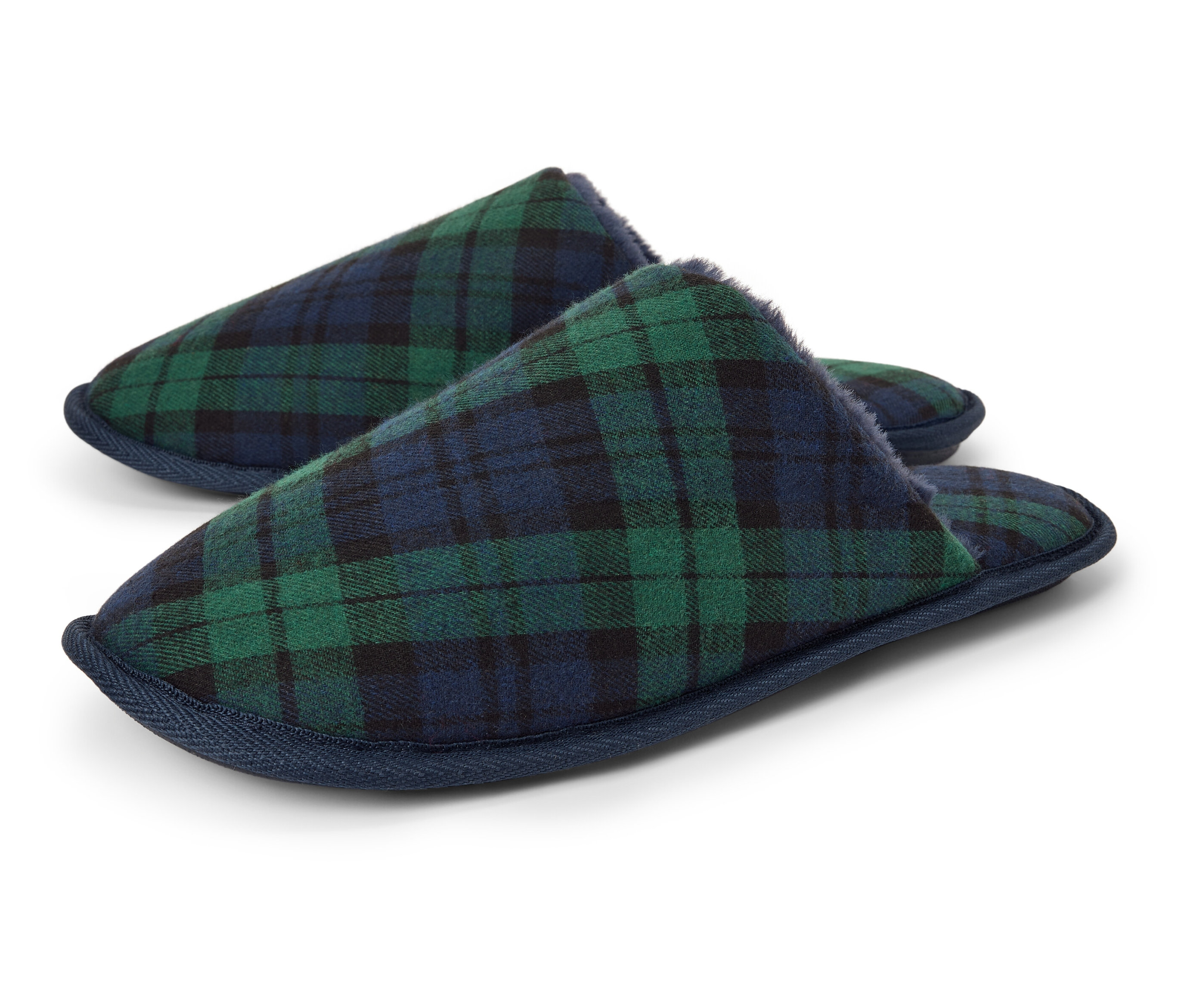 Zwei blaugrüne karierte Hausschuhe.