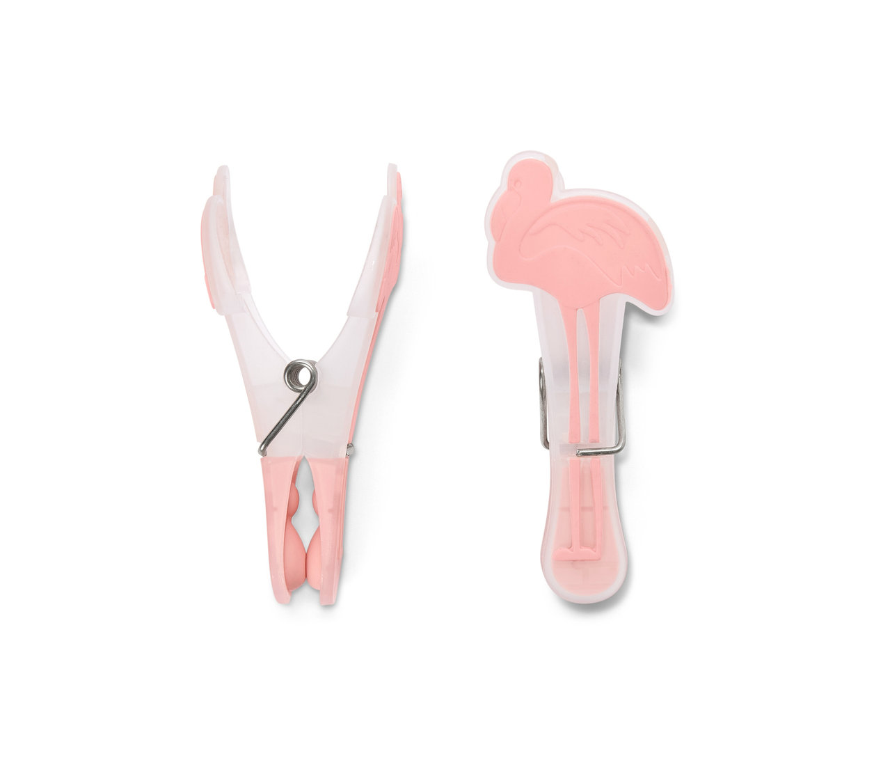 Zwei Wäscheklammern: eine geöffnet und eine mit Flamingodekor.