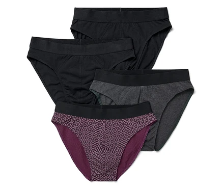 Vier Slips: zwei schwarze, ein grauer und ein lilafarbener mit Muster.