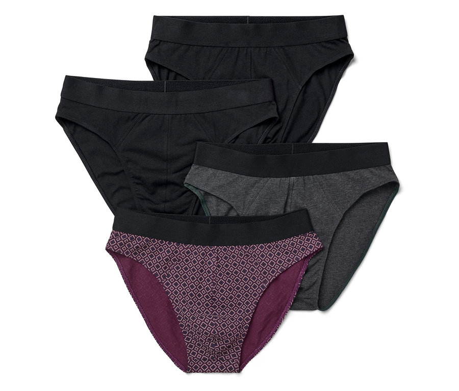 Vier Slips: zwei schwarze, ein grauer und ein lilafarbener mit Muster.