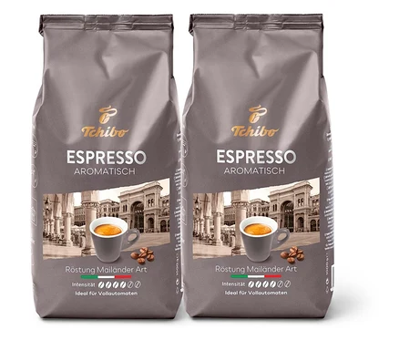 Zwei Packungen Espresso Aromatisch - 2x 1 kg Ganze Bohne nebeneinander.