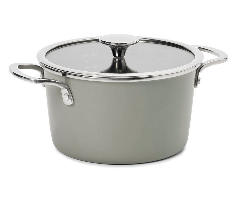 Grauer Kochtopf mit Deckel.