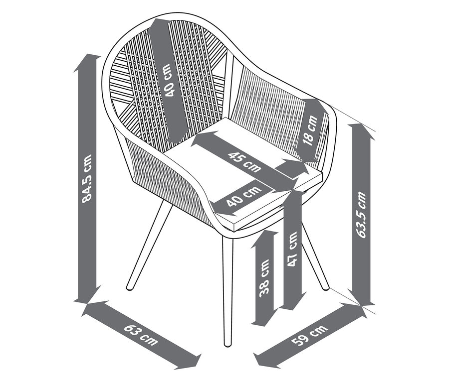 Skizze von einem drehbaren Dining-Sessel mit Textilgeflecht und Abmessungen.