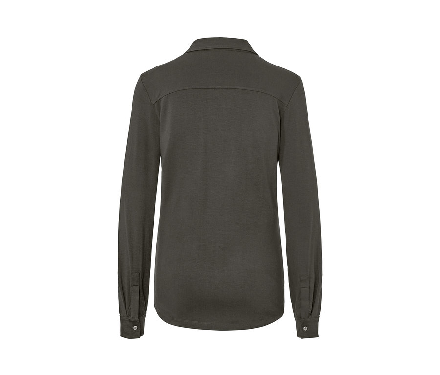 Rückansicht eines dunkelgrauen Blusenshirts mit Knopfleiste.