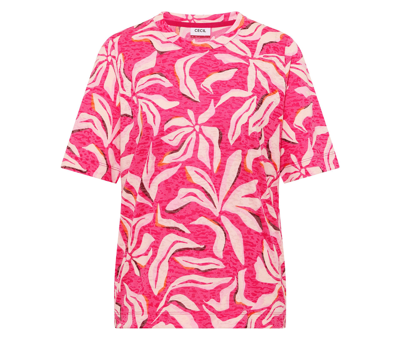 Das rosa CECIL Kurzarmshirt mit weißem Blumenmuster liegt flach.