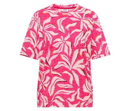 CECIL Kurzarmshirt, rosa, mit weißem und hellrosa Blumenmuster.