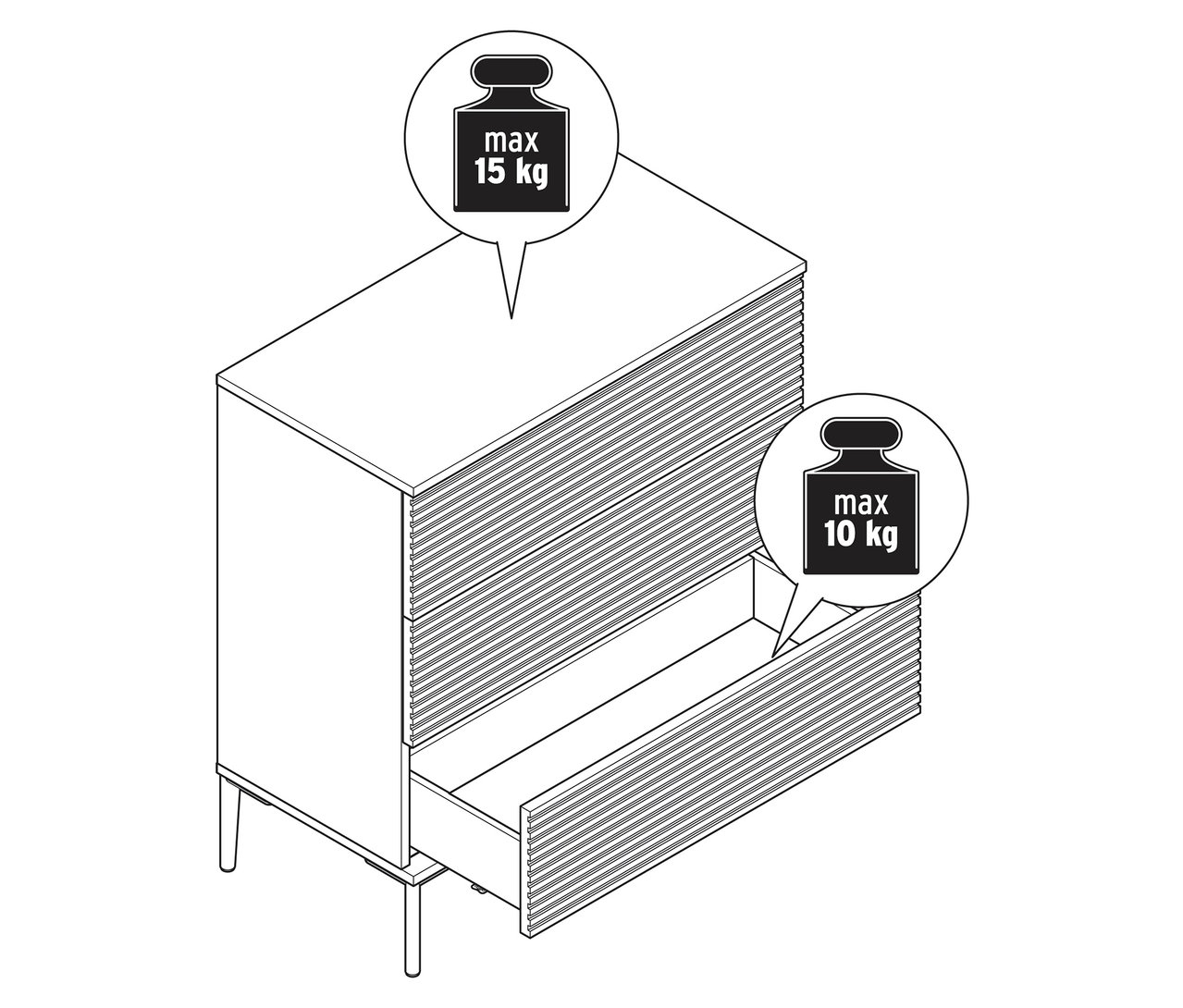 Gezeichnete "REET" Kommode mit Lamellenoptik, eine Schublade ist geöffnet.
