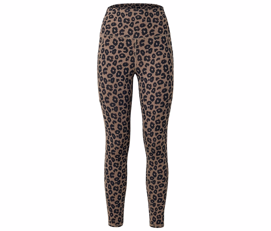 Braune Leggings mit schwarzem Leopardenmuster, von vorne fotografiert.