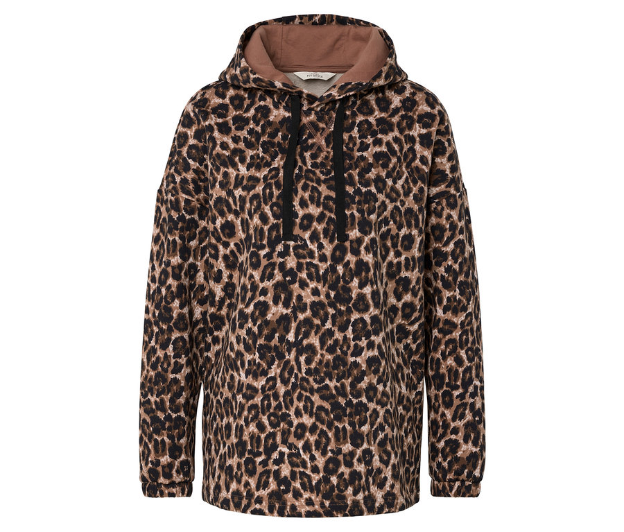Hoodie mit Leopardenmuster, Kapuze und Kordelzug.