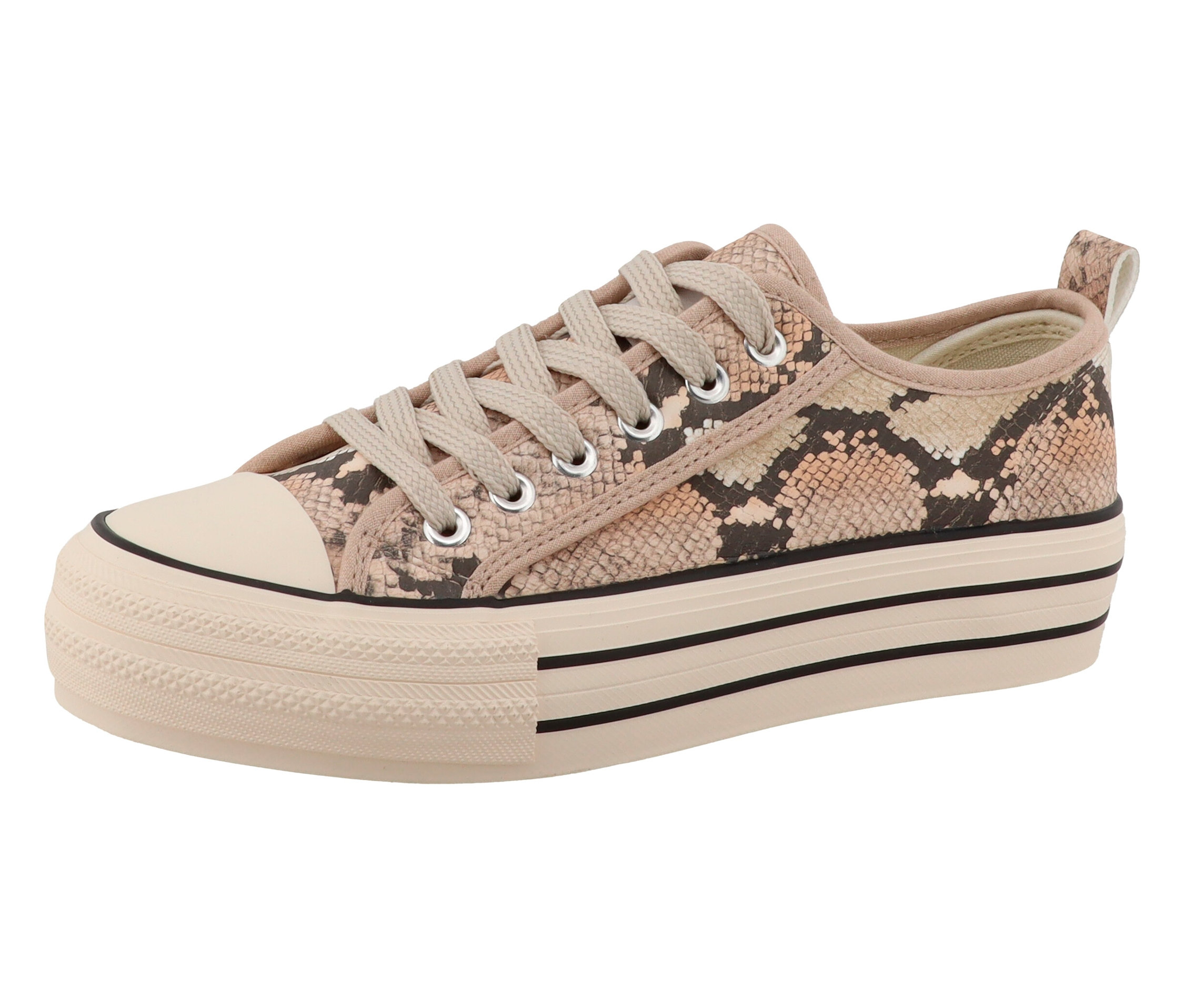 Ein einzelner rosafarbener Sneaker mit Schlangenmuster und Plateausohle.