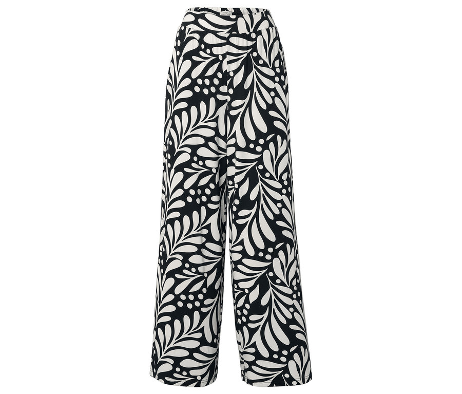 Schwarze Hose mit weißen Blatt- und Punktmustern.